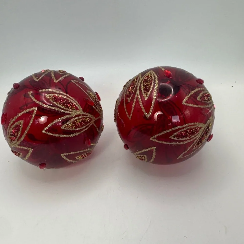 2 Red Glass Christmas Ornaments Gold Glitter Leaf Sequin Rhinestone 3 inch Round